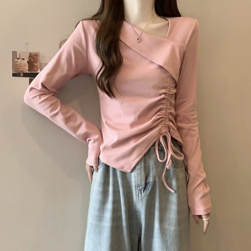 大码女装设计感不规则抽绳v领长袖t恤春秋新款微胖mm修身显瘦上衣