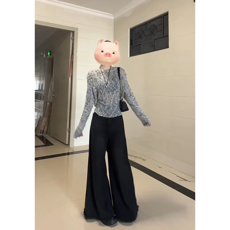 MARIE.COCO秋季新款灰色镂空长袖针织上衣高腰垂感休闲阔腿裤套装