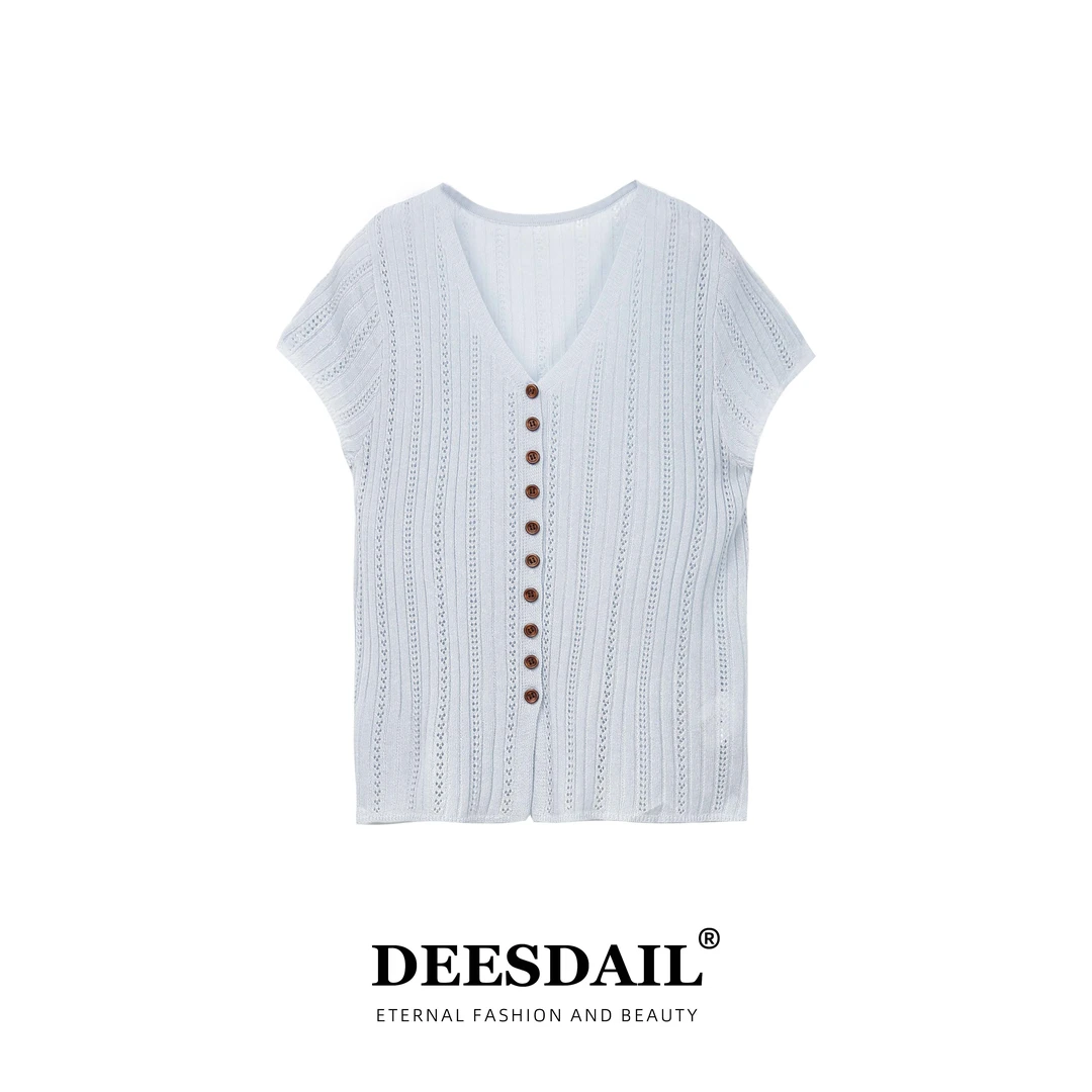 DEESDAIL设计师v领勾花镂空开衫上衣气质显瘦百搭轻奢t恤女装Y252