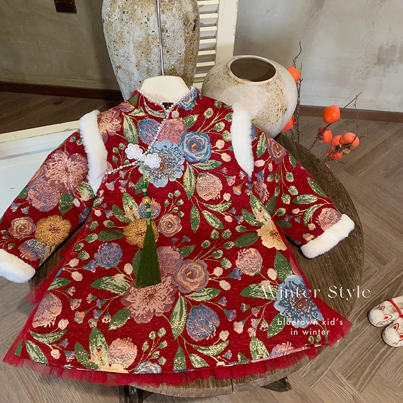 冬 “喜上枝头”中国风女童夹棉印花网纱拼接连衣裙23D058