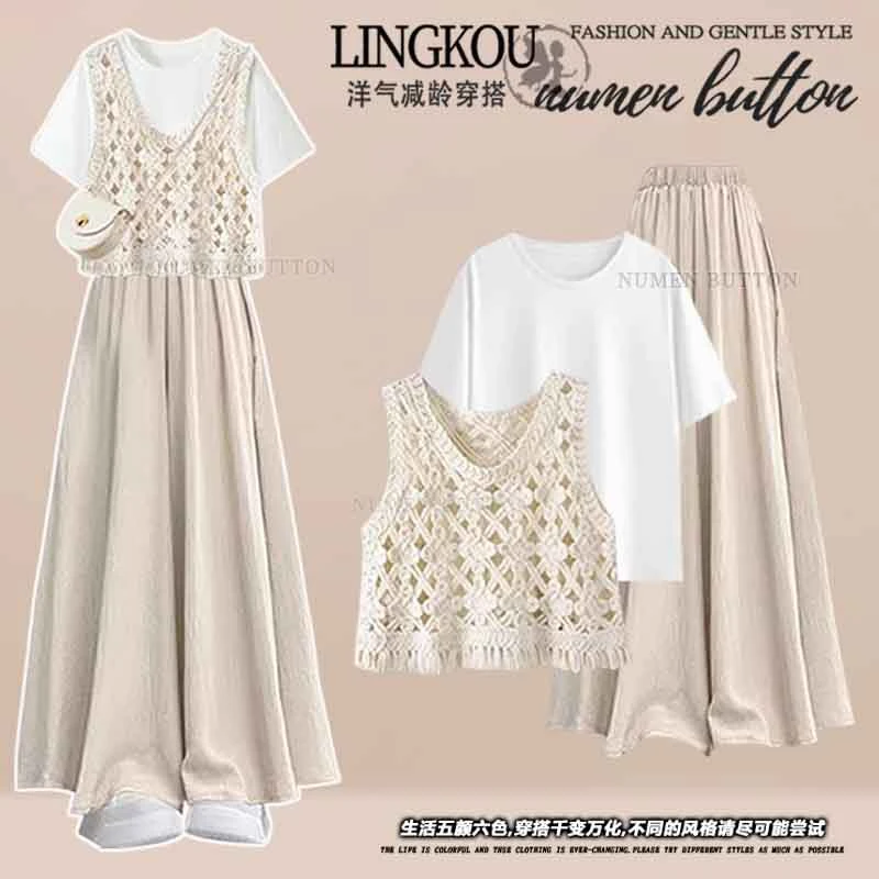 M715夏季慵懒风套装女镂空针织马甲T恤高腰显瘦百搭休闲裤三件套