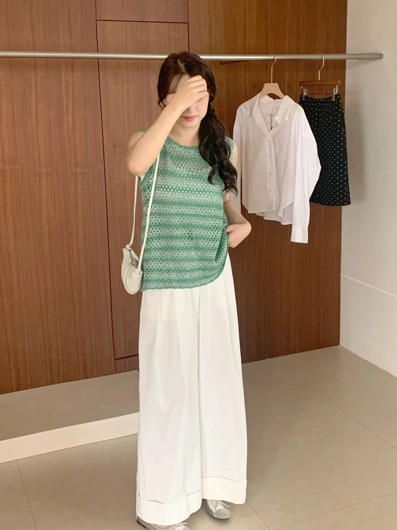 【潘潘.658850】2025年夏季新款渐变条纹圆领时尚百搭无袖针织衫