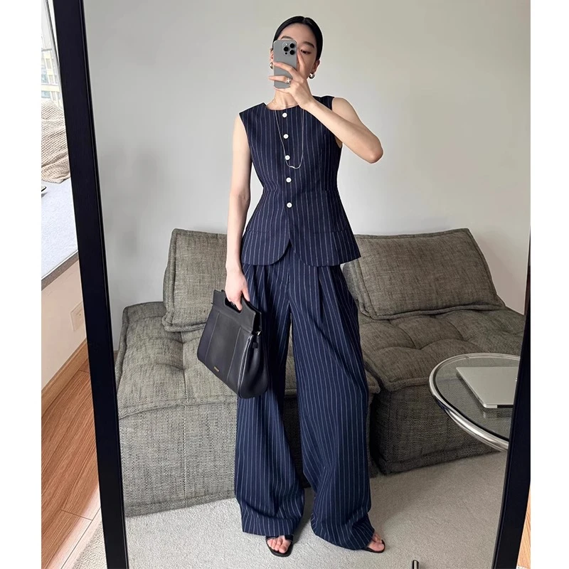 欧货老钱风条纹西装套装女夏无袖马甲夏季背心阔腿长裤两件套