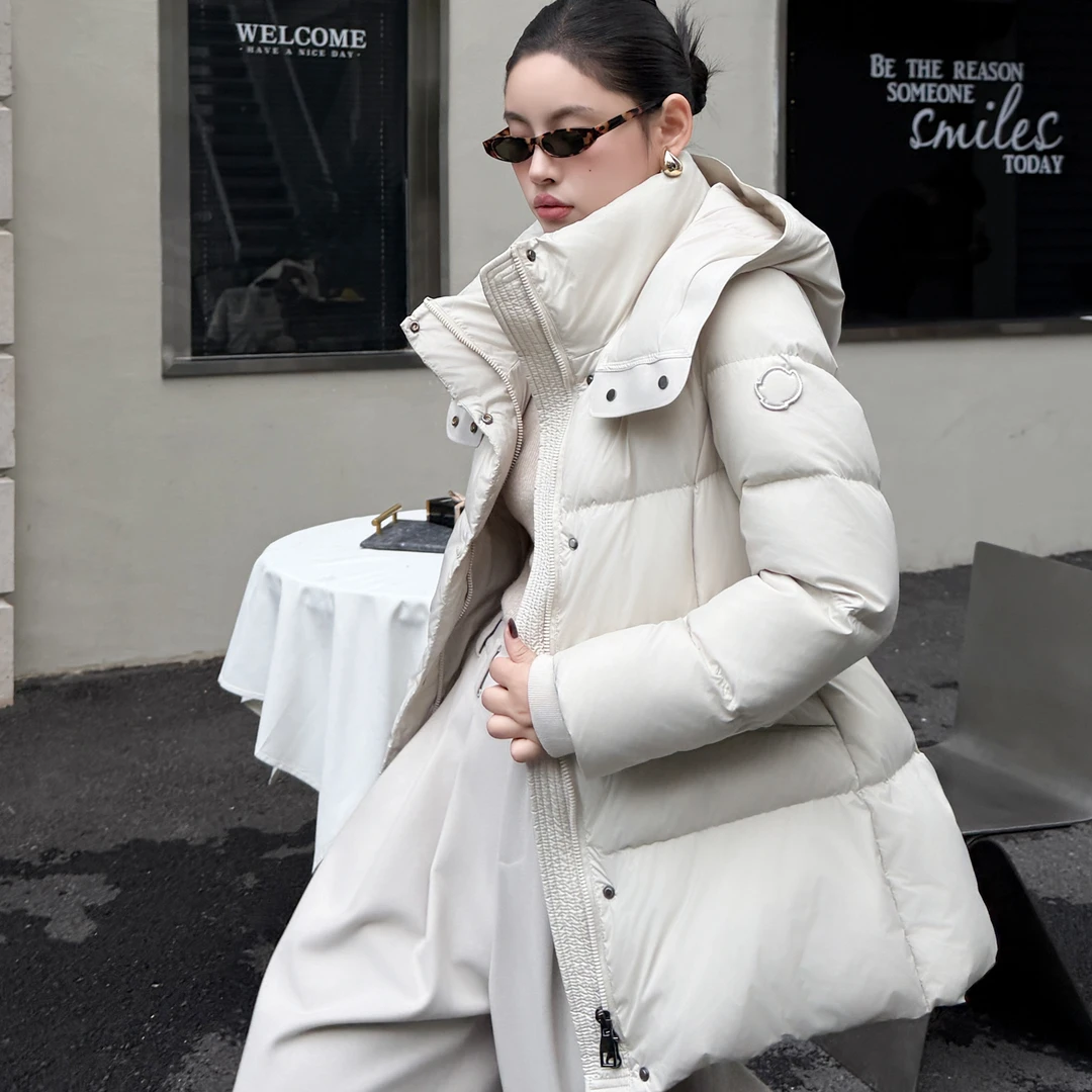 显瘦小蛮腰90白鸭绒羽绒服女2025冬季新款中长款连帽收腰加厚外套