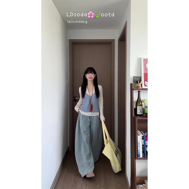 2025新款女士早秋季甜美减龄外穿针织吊带背心长袖打底衫阔腿裤