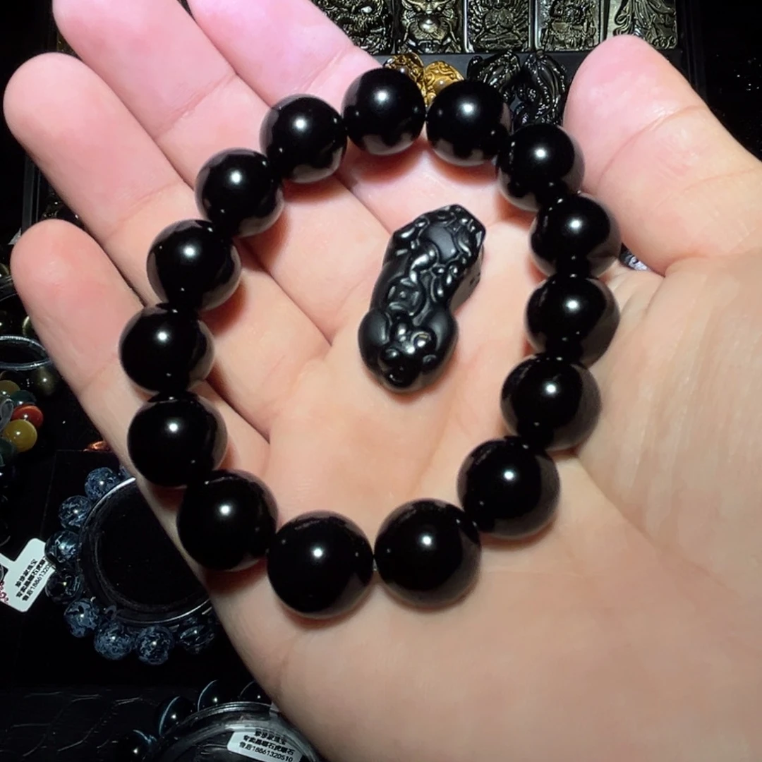 未镶嵌黑曜岩手链输***婆天然乌金黑曜石14m貔犰款