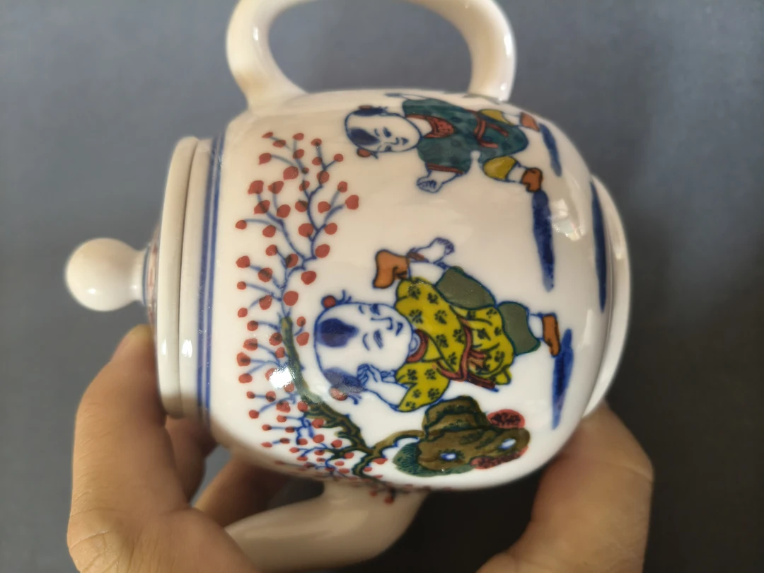 景德镇陶瓷全手工手绘红稀土釉中彩童子童趣茶壶