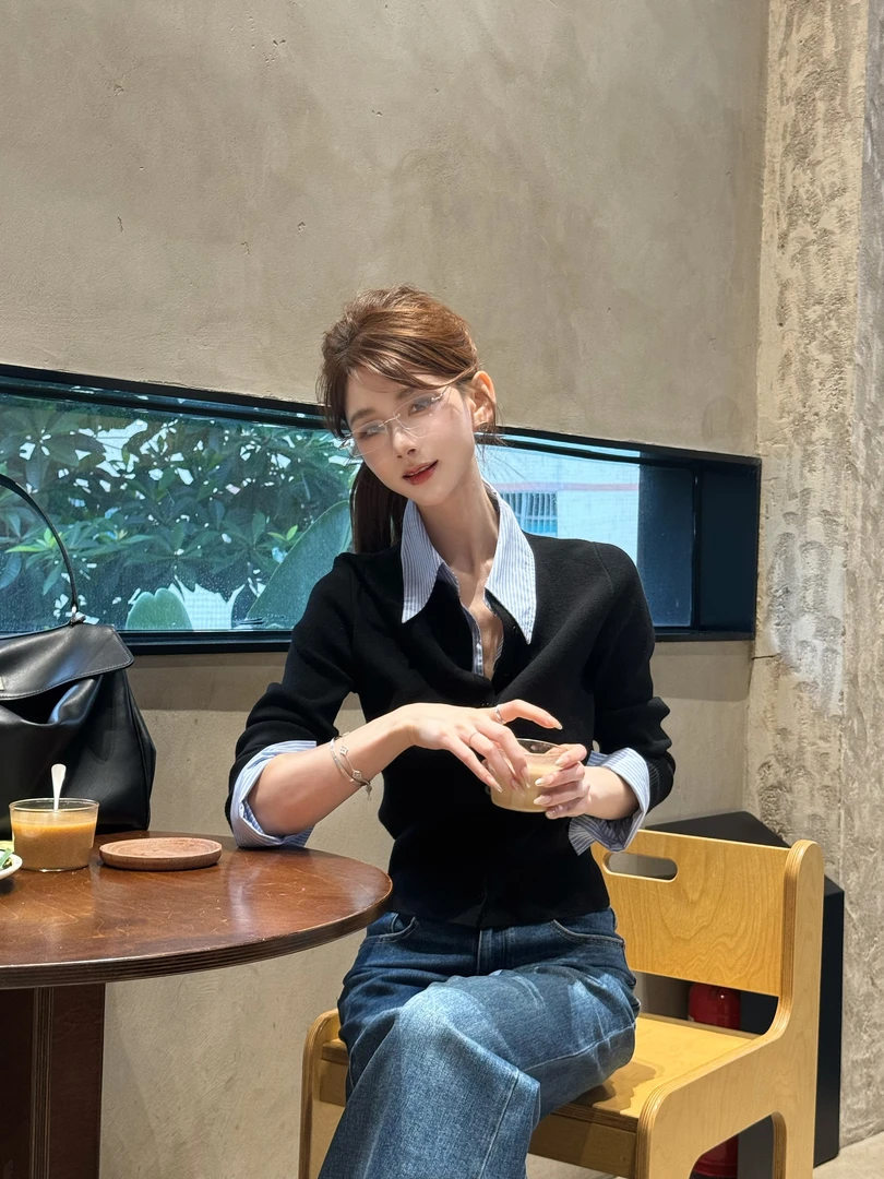 【矜蓝织构】格子拼接外搭修身假两件打底开衫上衣