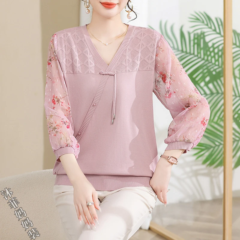 时尚气质妈妈装春夏新款针织中袖薄款小衫中老年女新中式T恤上衣