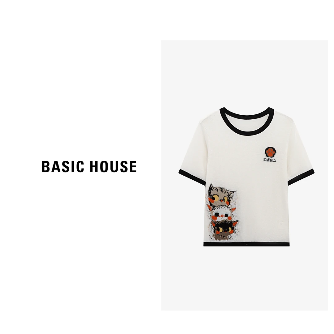 Basic House/百家好夏季短袖刺绣舒适百搭短袖针织衫B0625B5T612