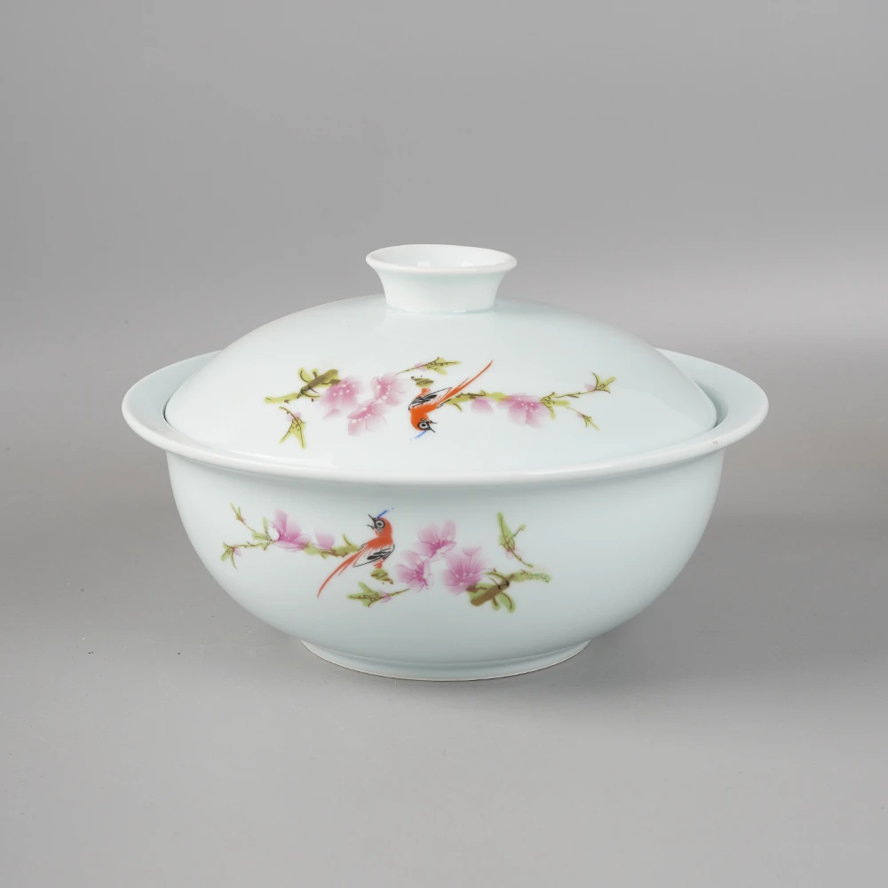 高档影青陶瓷带盖 水点桃花汤煲