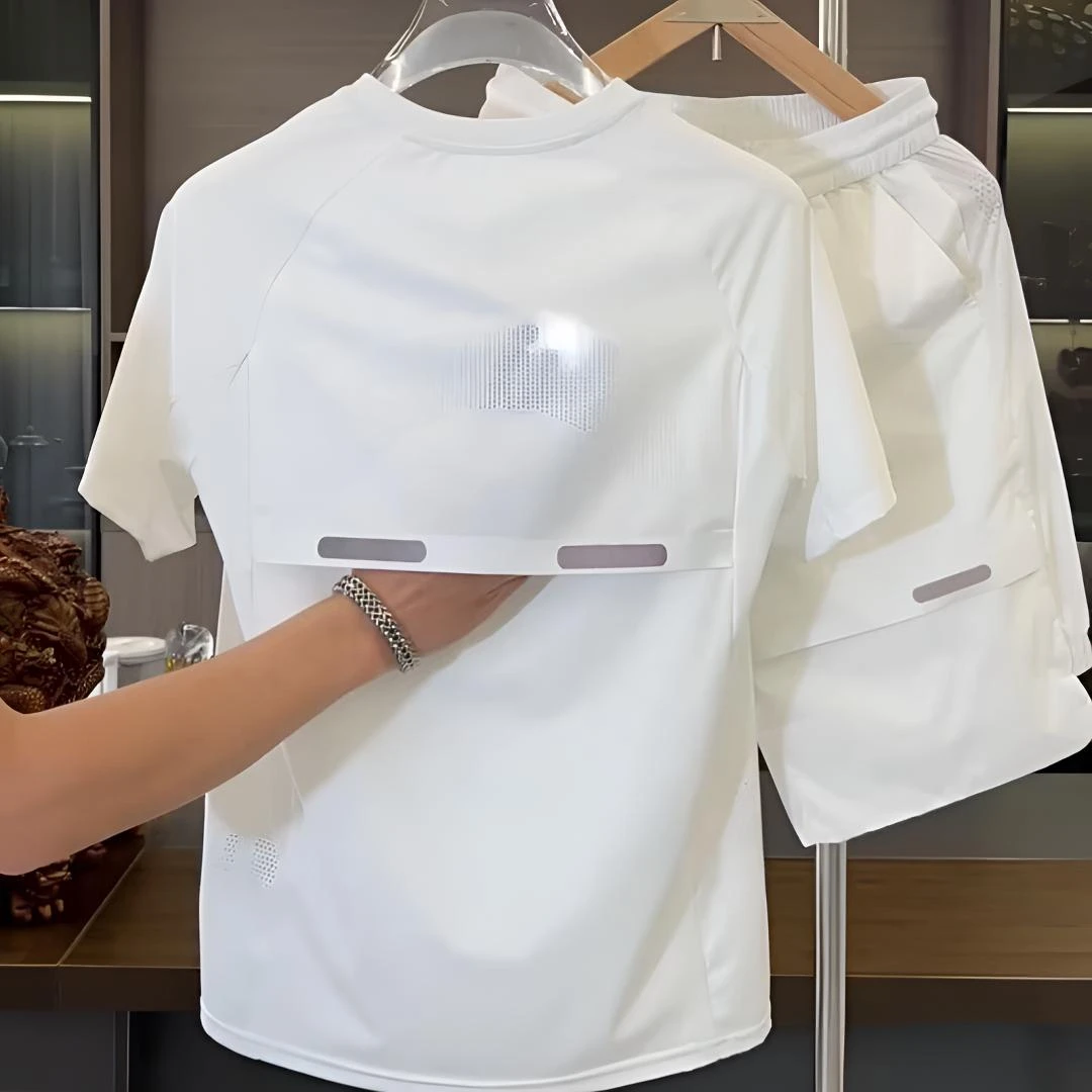 夏季薄款服饰打孔透气速干冰丝套装男轻奢高档弹力短裤两件套