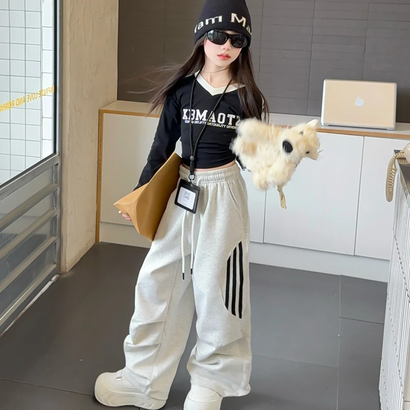 女童休闲套装2025秋季新款洋气运动套装美式长袖拉条阔腿裤套装潮