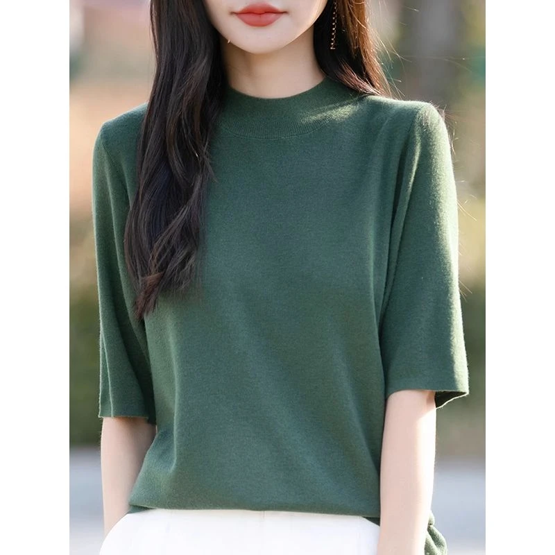 2025新款五分袖针织衫薄款中袖半高领打底衫宽松大码休闲短袖上衣