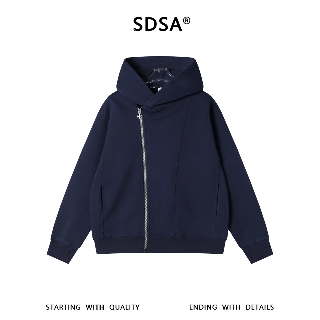 SDSA男士秋冬新款痞帅男装时尚纯色压线斜拉链连帽卫衣外套百搭潮