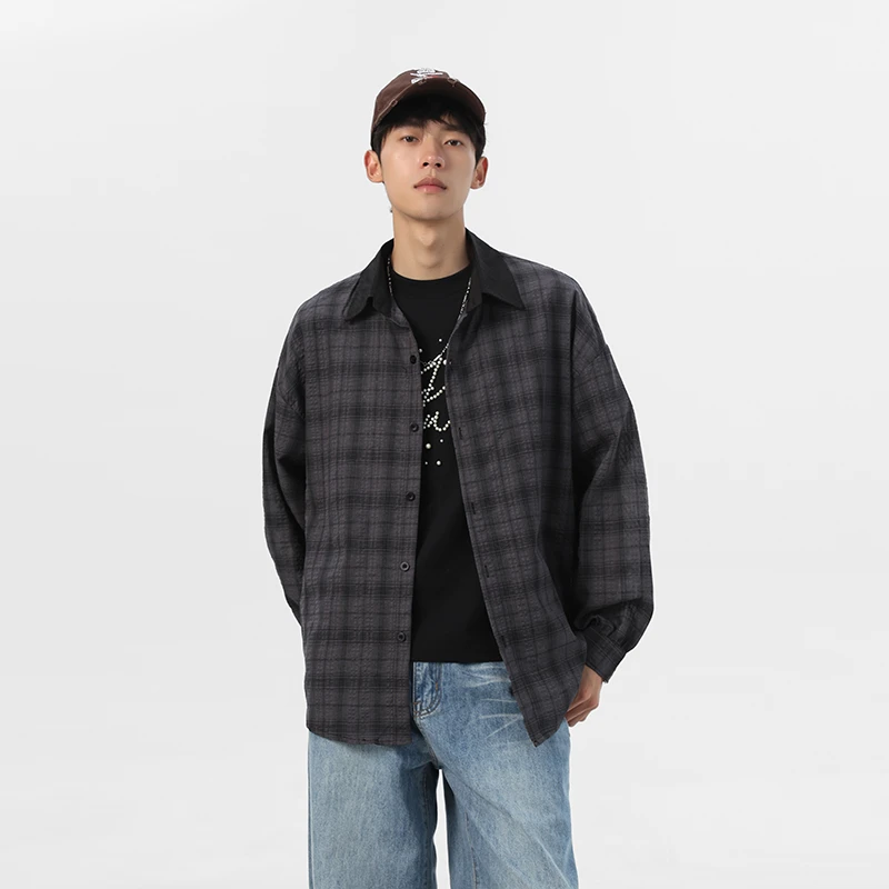 K•WEH夏季新款薄款长袖外套格子男宽松格纹遮阳服男装潮流ins服