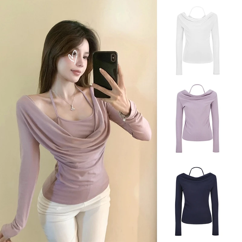 Moses Queen/魔西女王胖妹妹纯欲风荡领挂脖假两件T恤女百搭上衣