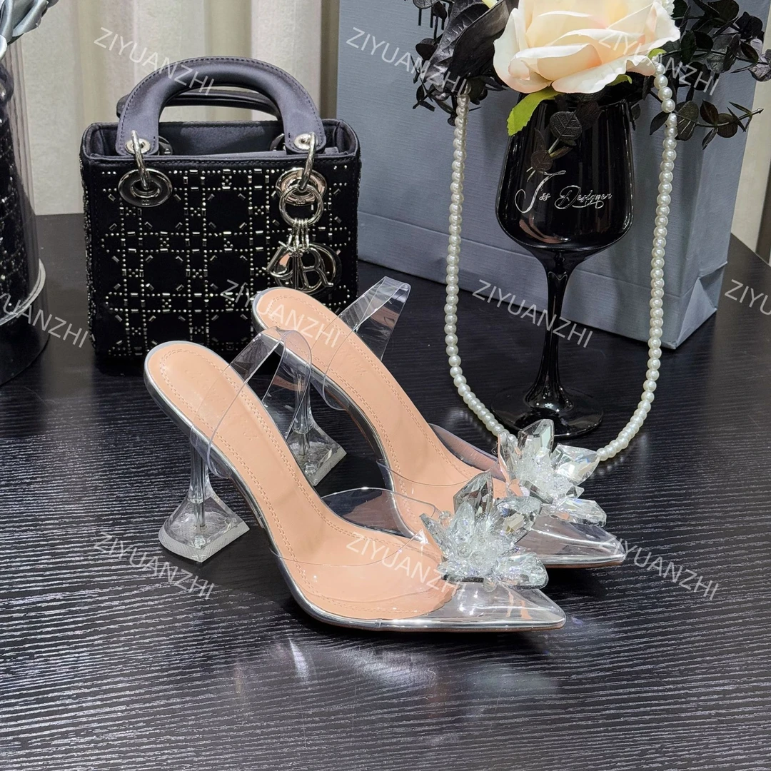 【柒七匠心】水晶花高跟鞋新款网红性感仙女水钻细跟尖头透明凉鞋女