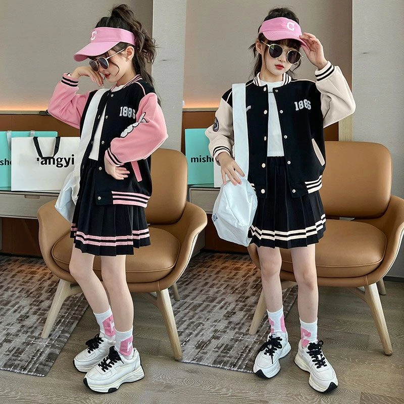 女童棒球服外套春秋2025新款洋气儿童春装女孩学院风jk百褶裙套装