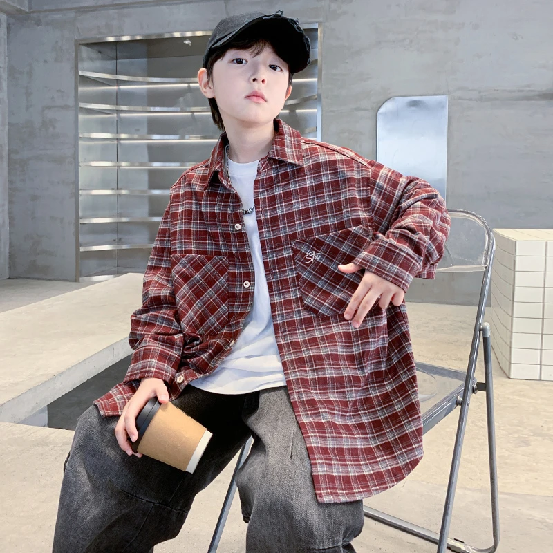 男童红色格子口袋衬衫外套春秋款2025儿童韩版休闲长袖衬衣中大童