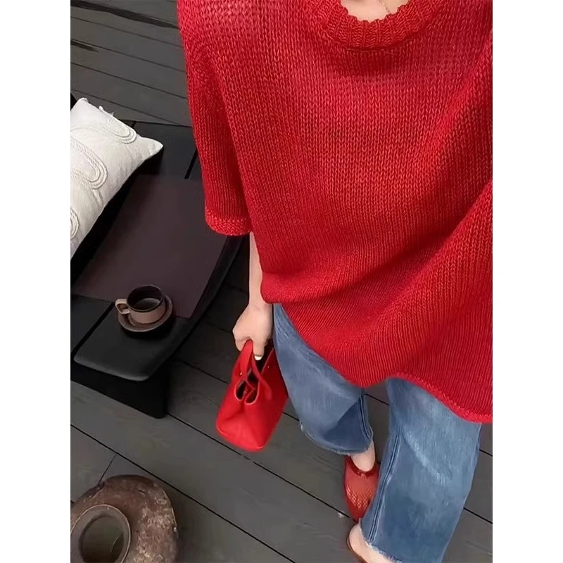 夏日ootd穿搭~好看多巴胺上衣女宽松红色针织正肩短袖女t恤夏季新