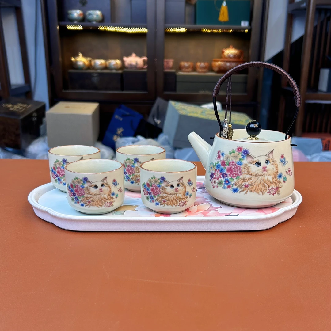 ZH3770-花朵小猫提梁壶+四个花朵小猫客杯+花朵小猫茶盘