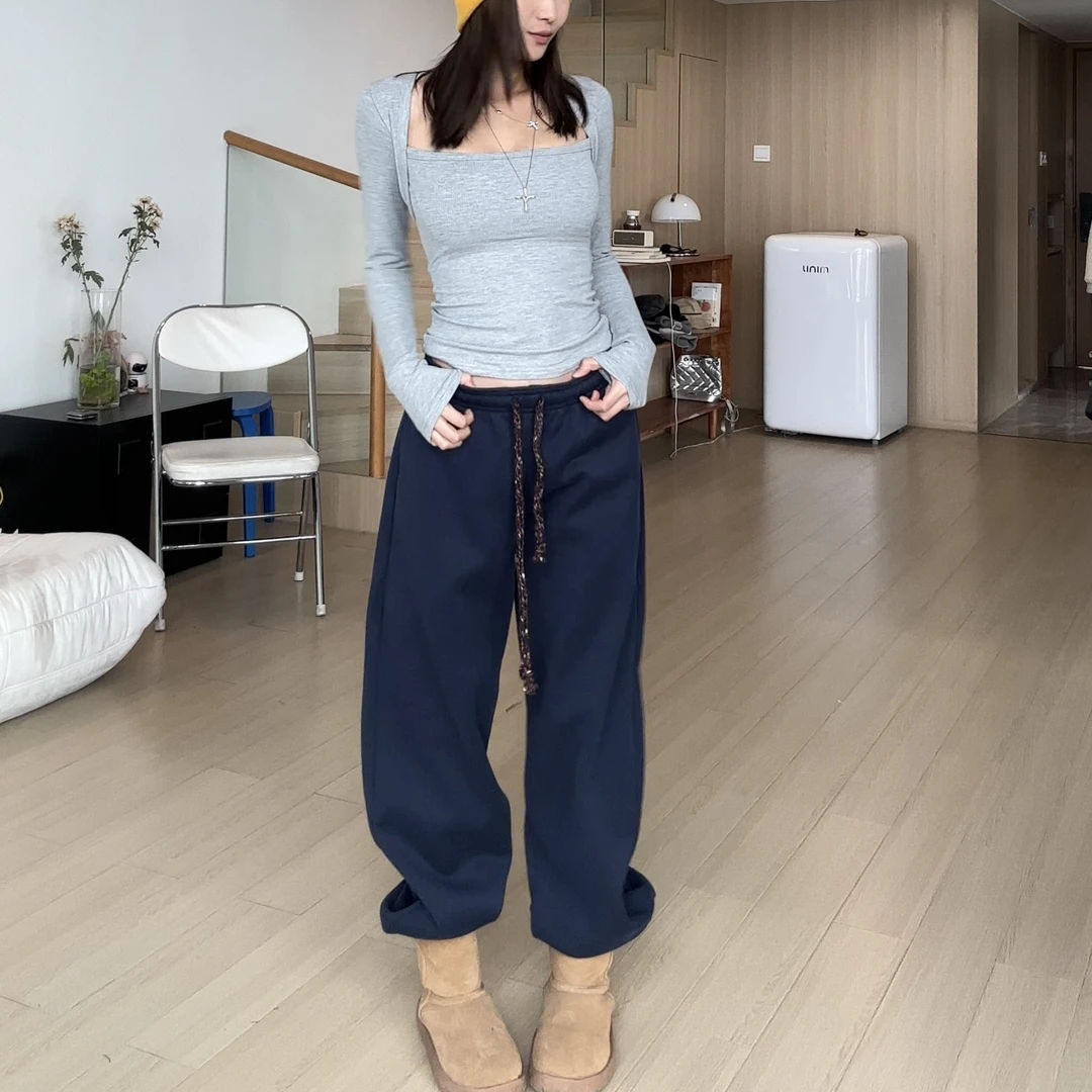 【部分现】加绒休闲百搭松紧腰彩色棉绳十分裤休闲长裤棉裤244300