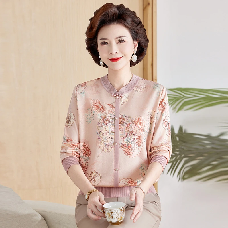 中老年女装春秋新中式长袖小衫洋气妈妈装T恤上衣奶奶打底衫外穿