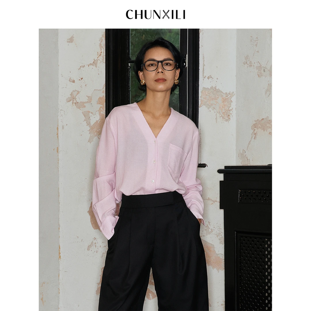 【羊毛衬衫】CHUNXILI/春熙里 秋季女士纯色V领长袖衬衣D03C53031