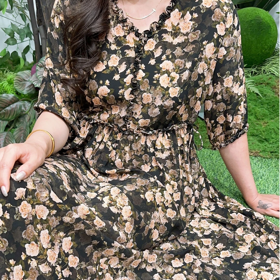 【蔷薇花开】25年新品桑蚕丝夏季碎花波西米亚气质连衣裙66-25009黑
