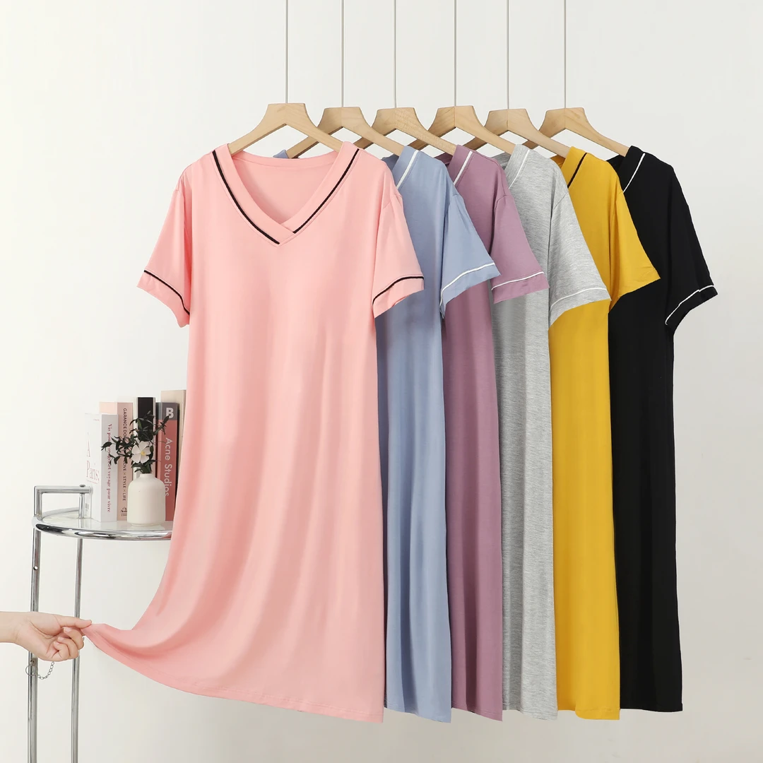 莫代尔【V领纯色睡裙】2025外穿家居宽松舒适清凉带胸垫中长款