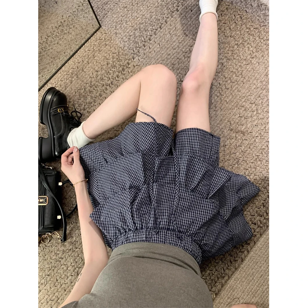 蓝色格子双层蓬蓬蛋糕裙女夏季新款设计感辣妹防走光A字半身短裙
