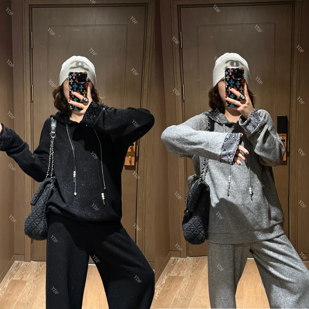 YDFSTUDIO小众【星辉月光】欧货高品重工亮片连帽设计上衣+裤子套装