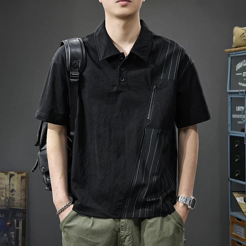 夏季薄款亚麻短袖Polo衫男宽松大码重磅ins美式痞帅撞色半袖T恤潮