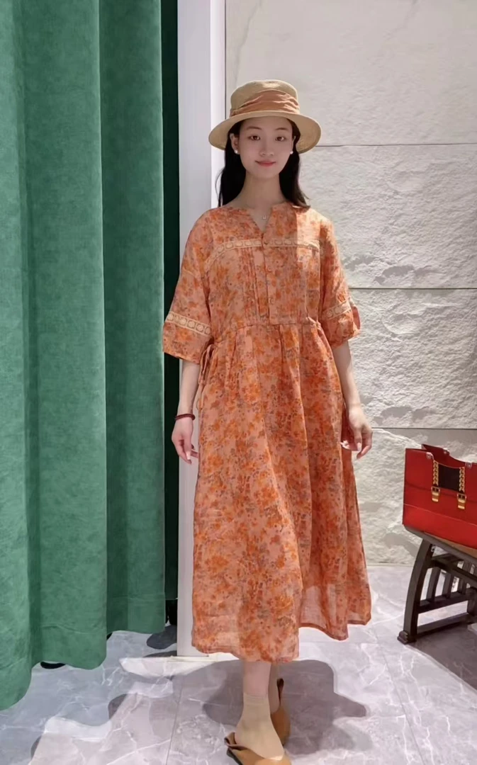 清之音【一苎一花】设计师苎麻印花拼蕾丝边连衣裙