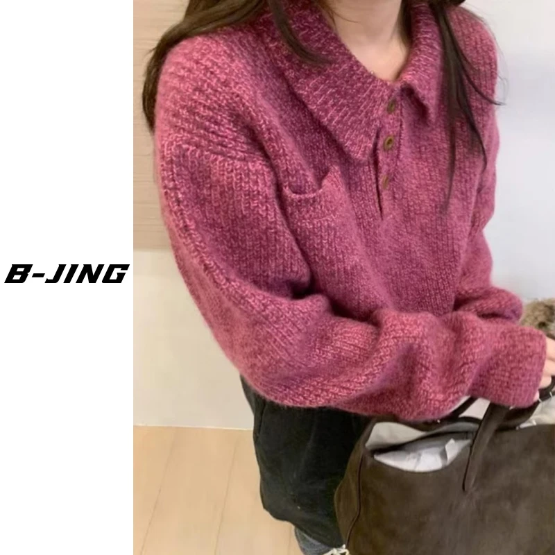 【莎莎家】10029翻领洛马套头毛衣网红长袖时尚休闲百搭气质