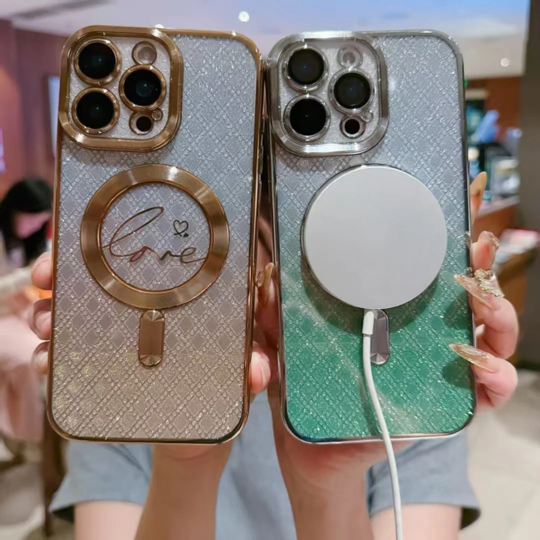 适用苹果手机壳新款金色渐变闪粉磁吸自带手机壳14魔鬼猫手机壳