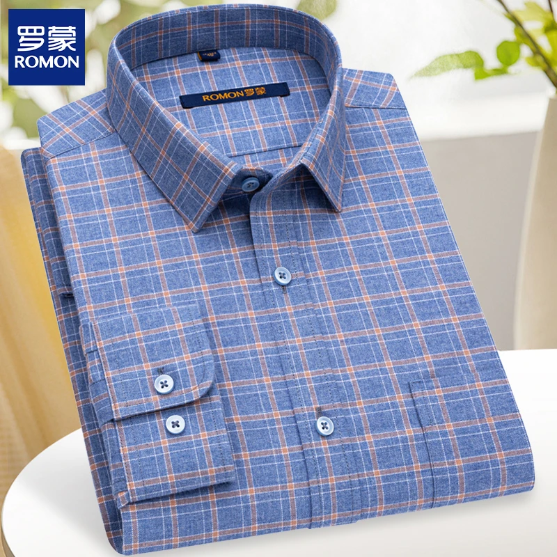 罗蒙高端男士纯棉磨毛休闲衬衫商务秋冬新款长袖衬衣中年加厚上衣