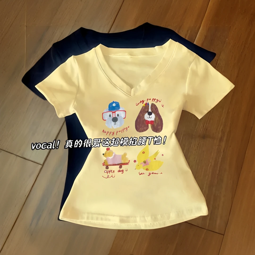 辣妹洋气V领正肩短袖t恤收腰潮流印花显瘦穿搭上衣白色女装