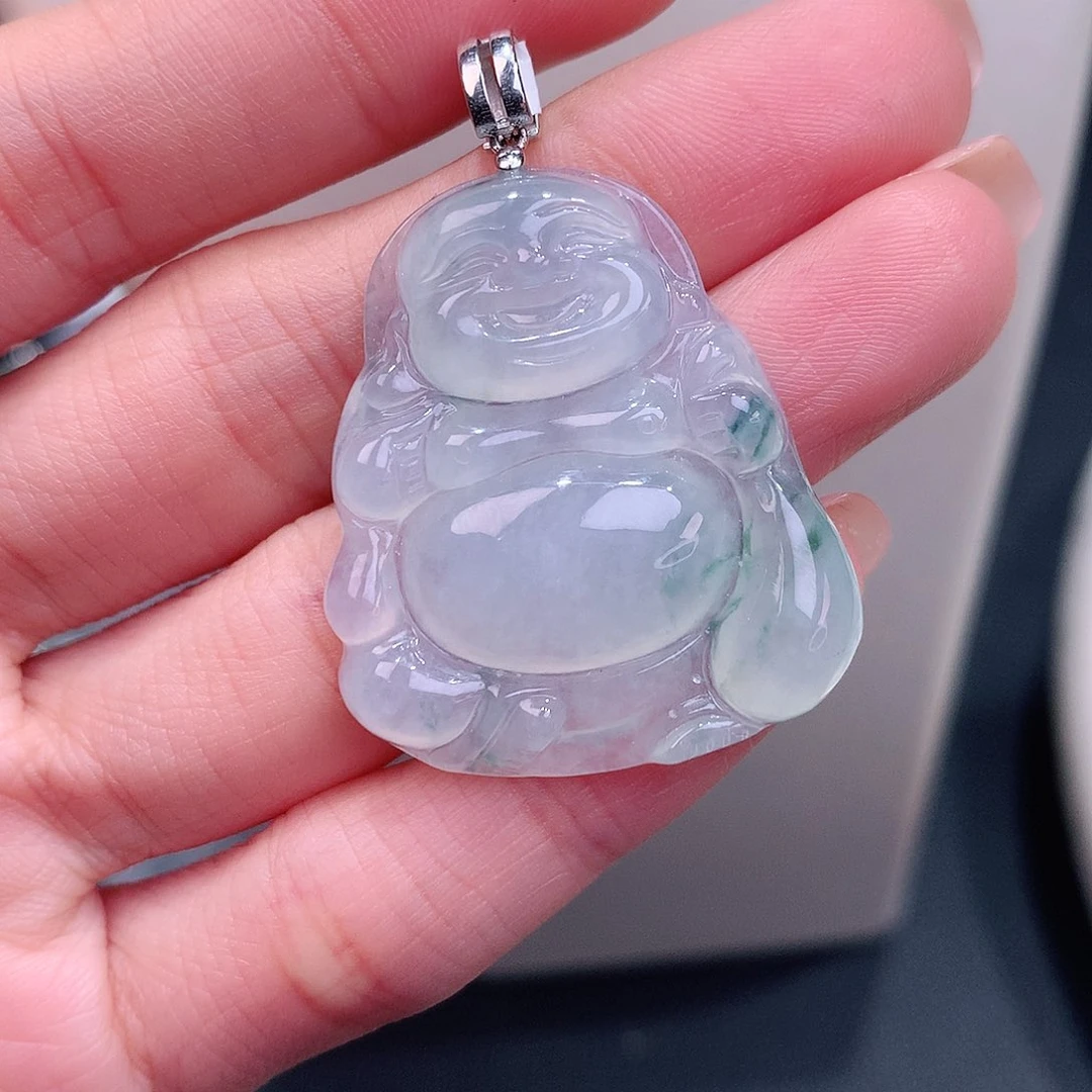 颈饰18K金镶嵌翡翠白冰飘花布袋佛