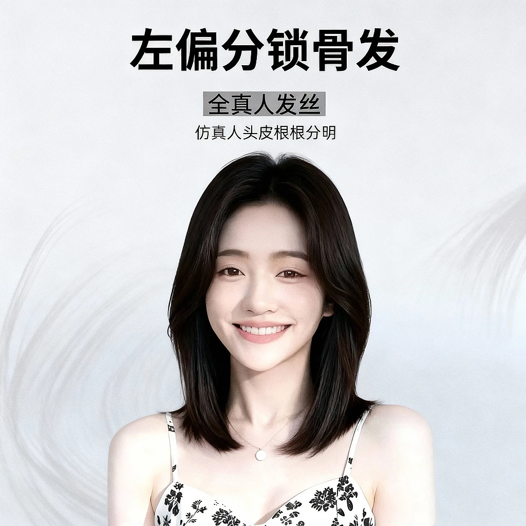 全手织女款全真人发7A全长度减龄自然左偏分锁骨整顶假发套