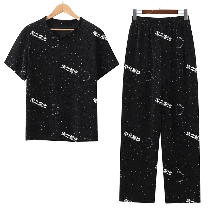 2025夏季女士时尚烫钻短袖遮肚显瘦套装高级感设计气质两件套