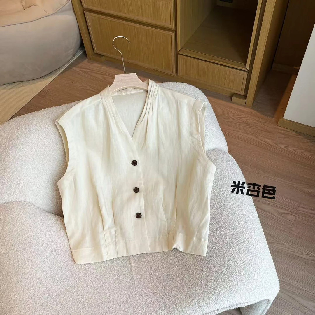 【豆子推荐】7037 夏季短款小香风纯色气质无袖单排扣上衣百搭韩版