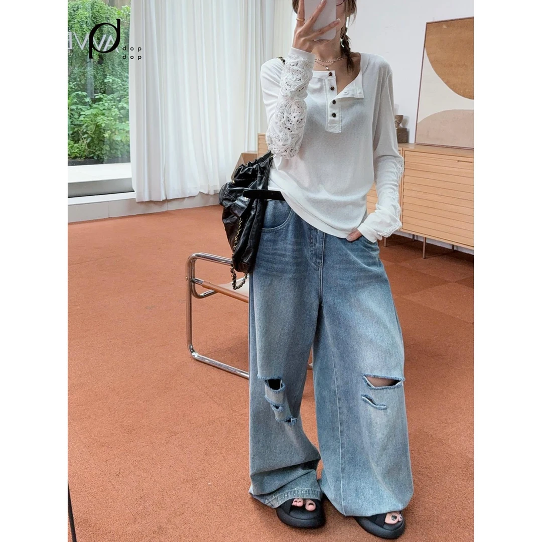 AVVENN2025秋水洗磨破直筒牛仔裤长裤女1690dopdop买手店