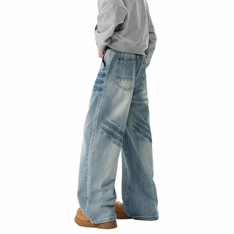 闪电纹穿搭抓痕牛仔裤男春季cleanfit新款青少年宽松直筒阔腿裤子