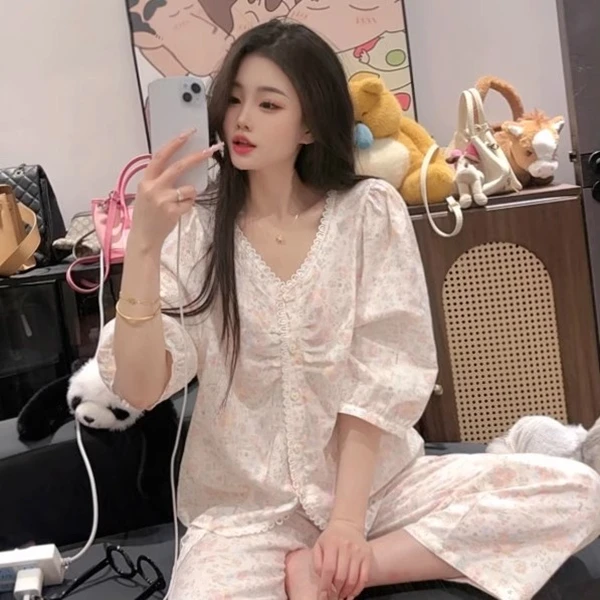 睡衣女夏季女款爆款2025新款七分袖长裤套装大码春秋可外穿家居服