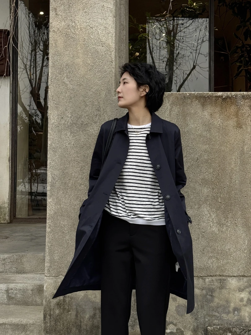 LANGQING 藏青色翻领风衣女款新款秋装休闲显瘦中长款外套43771#