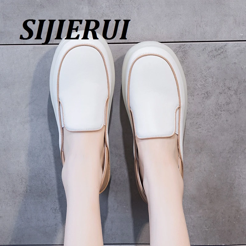 SIJIERUI2025年夏季真皮大码豆豆鞋女软底小白鞋平底乐福鞋女两穿