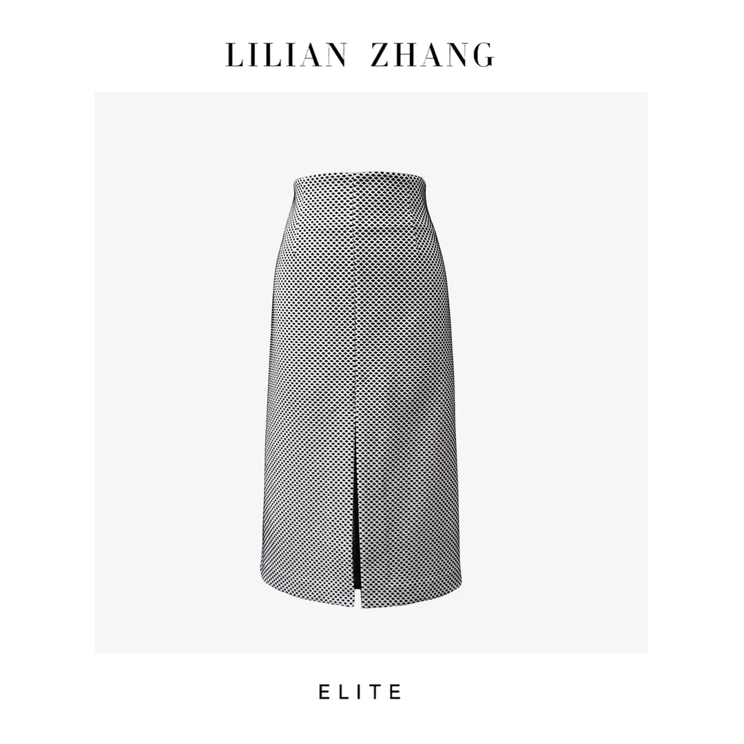 定制—静奢风—都市摩登—白底黑点织锦纹包臀前开叉中长半裙2503003