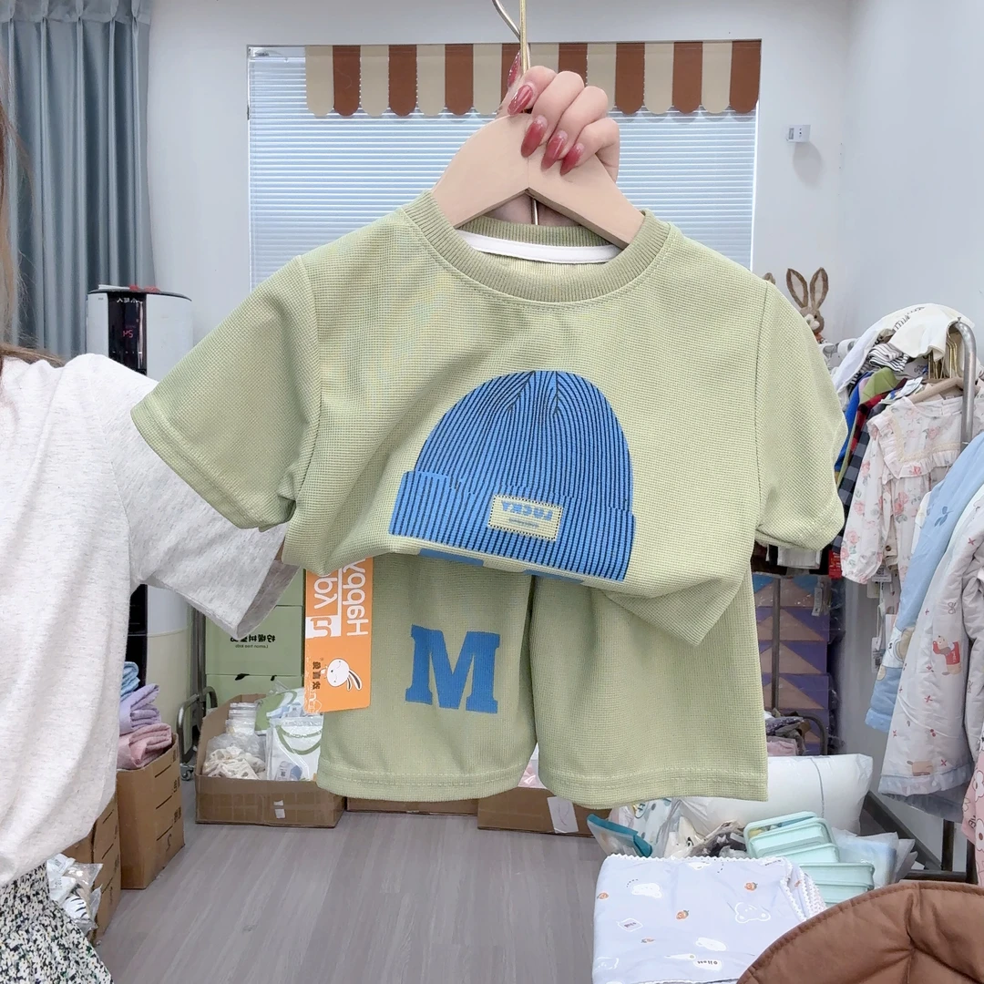 儿童短袖套装夏季男童华夫格短裤宝宝休闲韩版洋气-HXT-1203